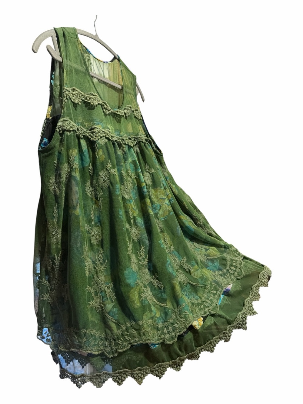 Indigo Thread Co. Green Floral Mesh Embroidered Boho Tunic Tank Top XL